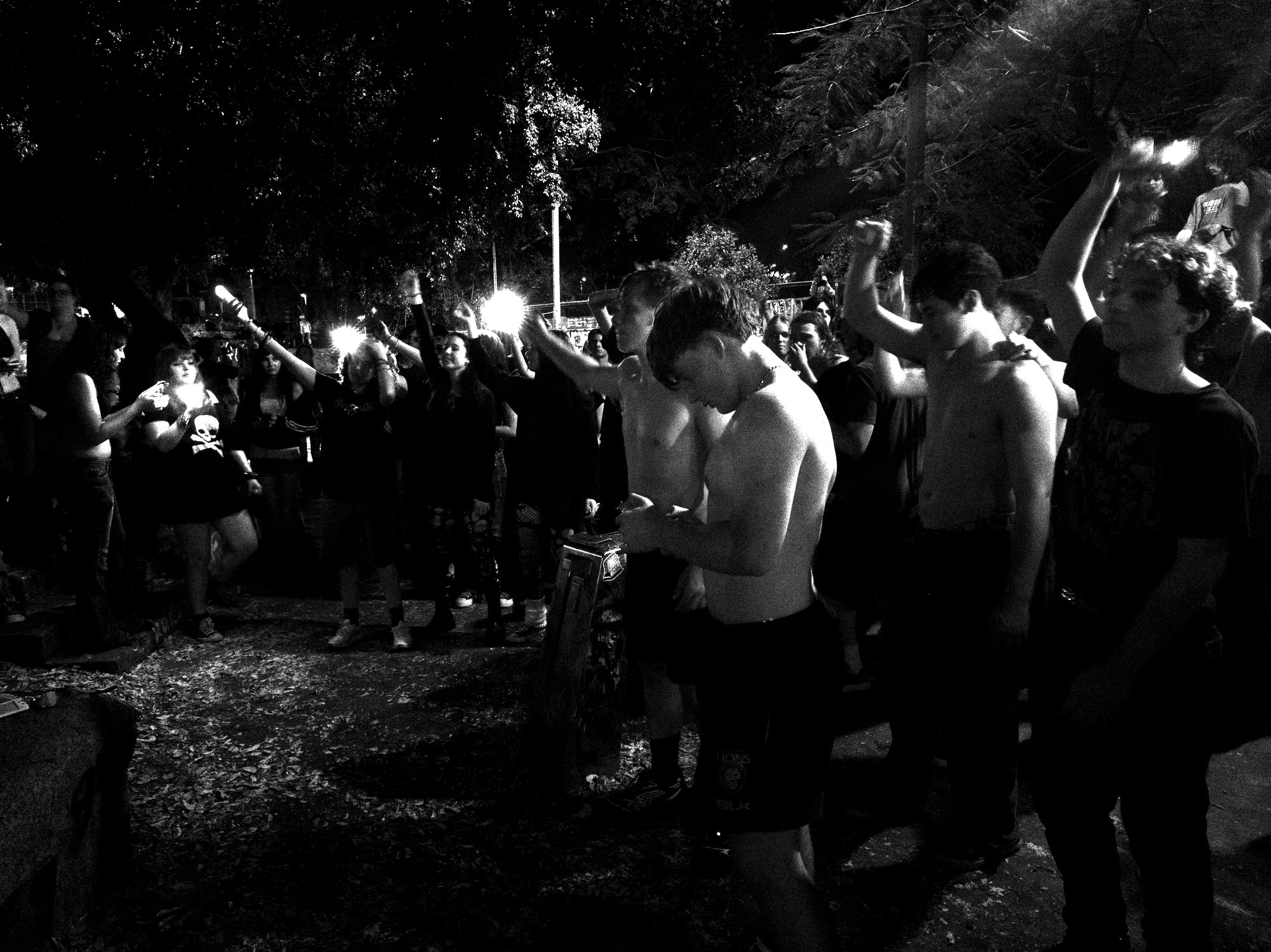 A night-time crowd at Punk in the Park, torches and a raised fist over a wet skatepark